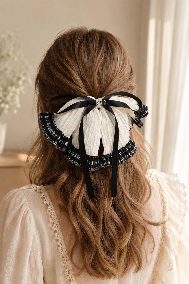 Large Ivory Organza Bow Barrette, Pearl Crystal Hair Clip Noir Trim Ivory