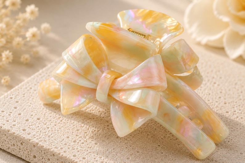 Pu&ograve; includere: Un fermaglio per capelli a molla con un fiocco decorativo sulla parte superiore. Il fermaglio &egrave; realizzato in materiale acrilico traslucido e marmorizzato con una delicata palette di colori giallo pallido, rosa chiaro e bianco, con una molla dorata.