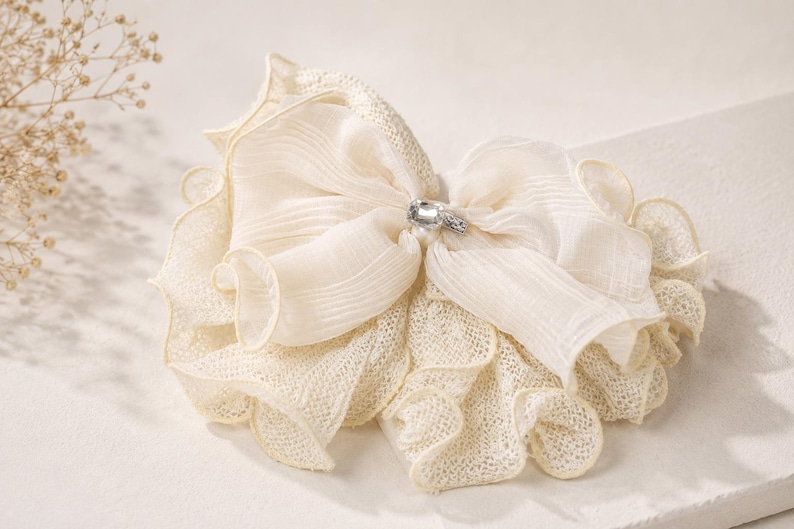 Large Ivory Organza Bow Barrette, Pearl Crystal Hair Clip image 19