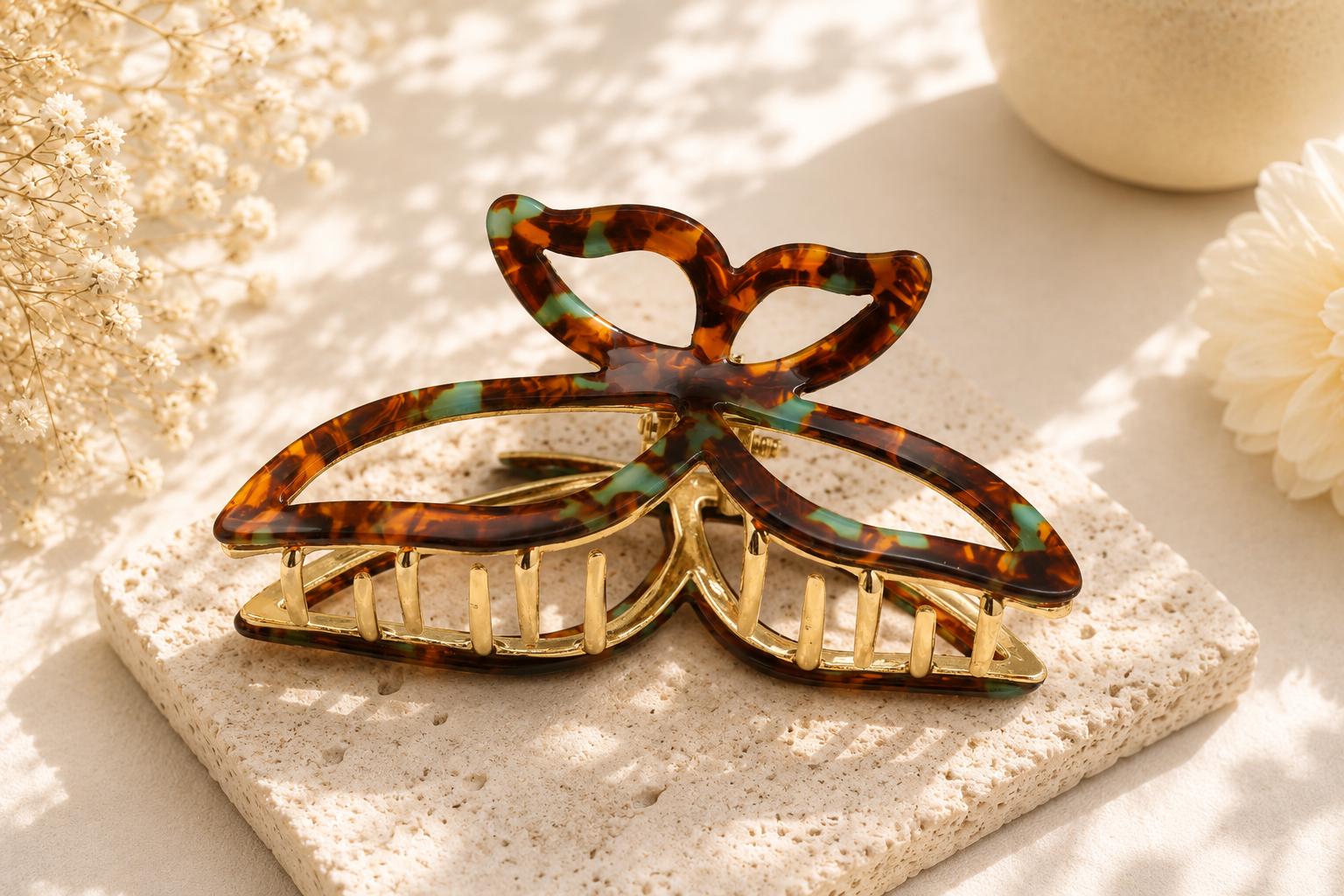 Acetate Large butterfly Claw Clip, Tortoise Hair Clip, Gold Metal French Hair Claw, Elegant Large Hair Clip for Thick Hair