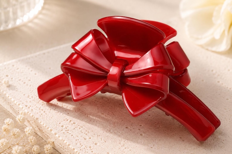 Pu&ograve; includere: Un fermaglio per capelli a artiglio di colore rosso brillante e lucido, caratterizzato da un prominente design a fiocco scultoreo sulla parte superiore. L'accessorio presenta una finitura liscia e riflettente e un meccanismo a molla funzionale.