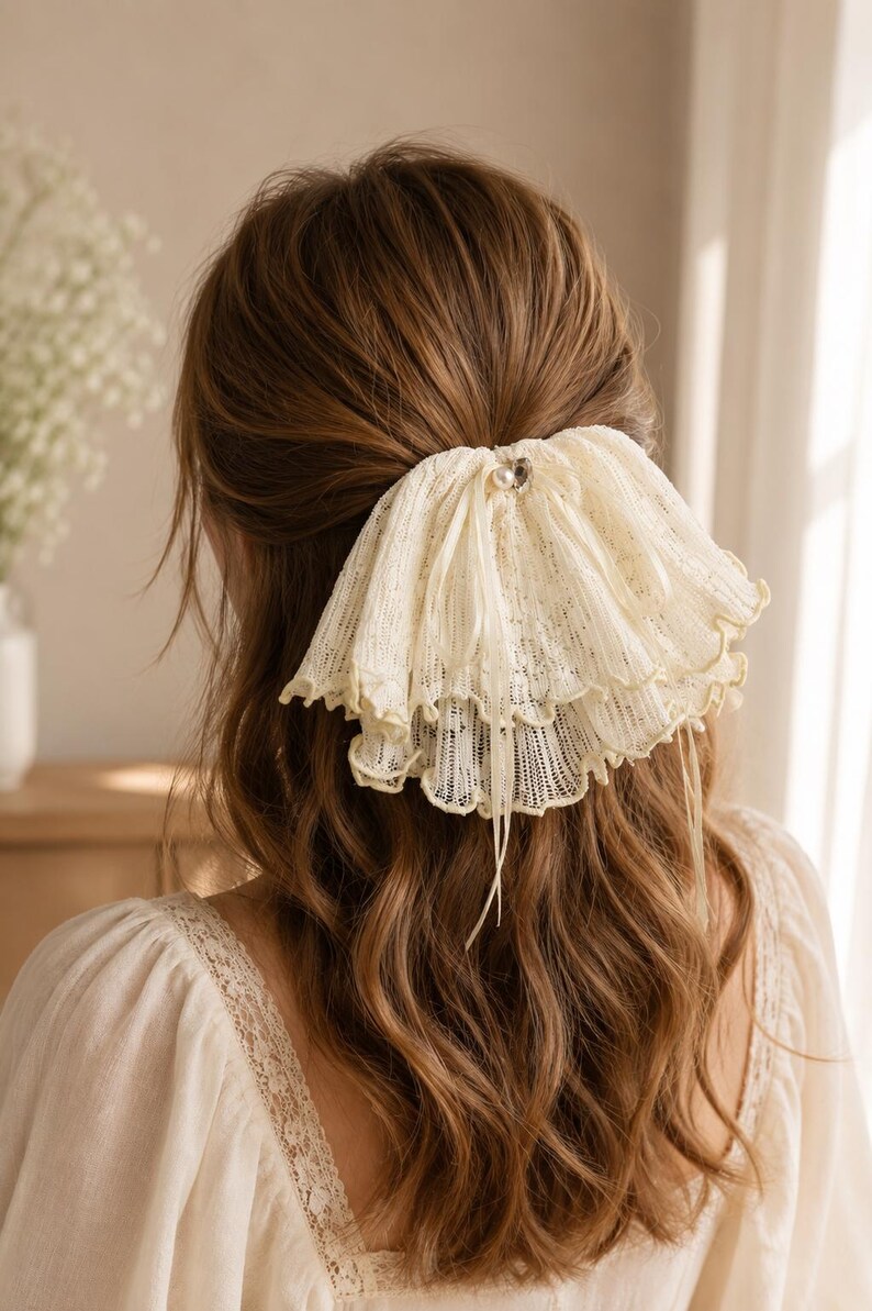 May include: A cream-colored, multi-layered lace hair accessory featuring a ruffled design with delicate scalloped edges. The accessory is centered with a small, round white pearl accent and thin ribbons hanging down from the gathered fabric base.