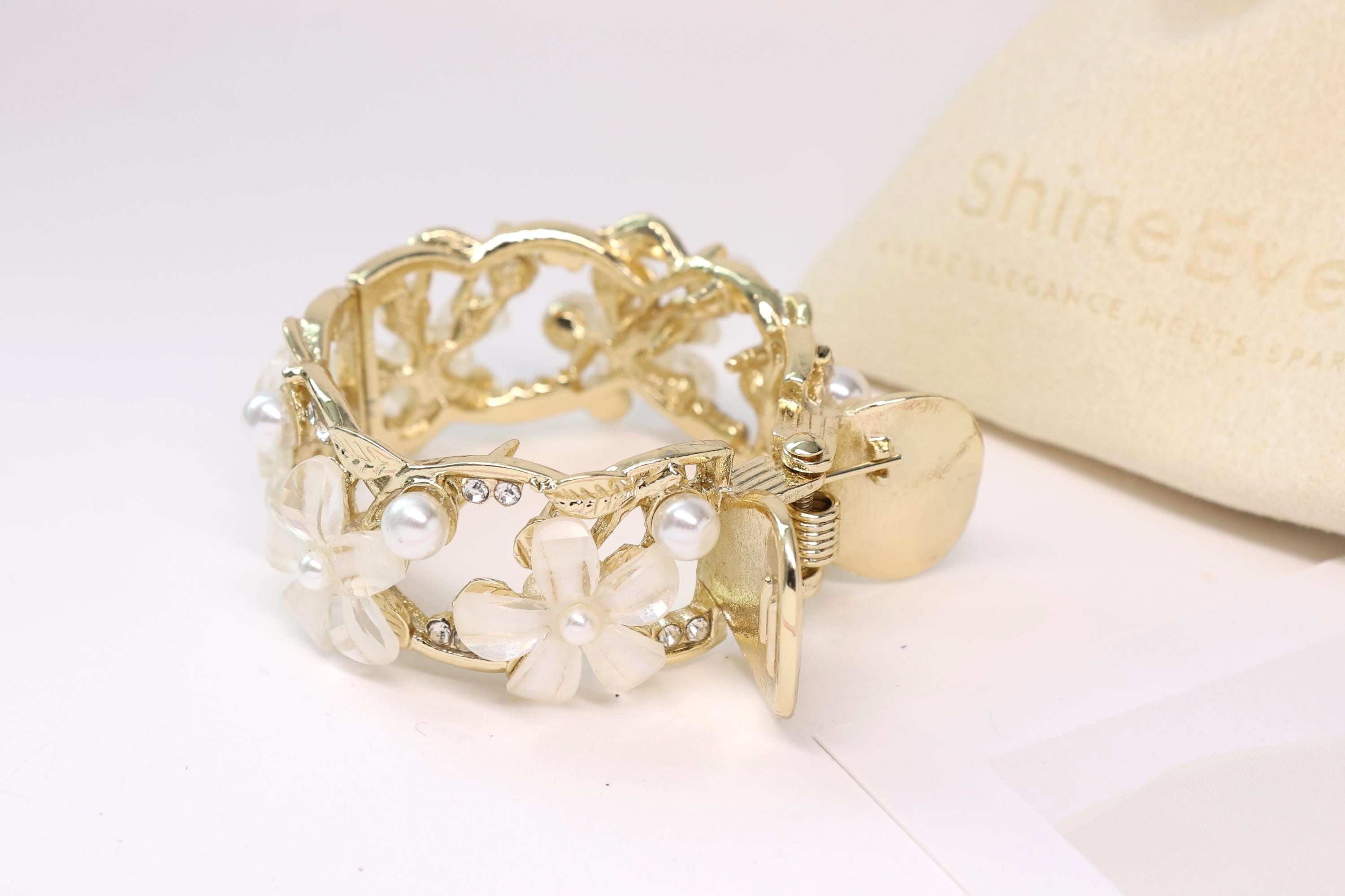 Gold Floral Pearl Ponytail Clip, Crystal Flower Hair 