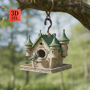 May include: A decorative birdhouse in the shape of a castle, with green and beige colours. The birdhouse features turrets, a circular entrance, and ornate detailing. A small blue and yellow bird is perched on the edge. The text "3D STL" is visible.