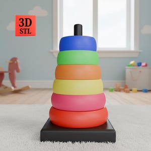 May include: A multi-coloured stacking toy with a black base. The toy has rings in red, pink, yellow, orange, green, and blue. A small black cylinder sits atop the blue ring. The text "3D STL" is in a red square in the background.