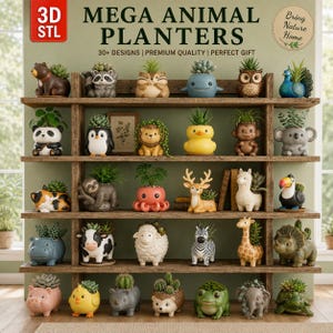 May include: A collection of animal-shaped planters, including a bear, raccoon, owl, panda, penguin, lion, duck, monkey, koala, cat, sloth, octopus, deer, llama, toucan, hippo, cow, sheep, zebra, giraffe, pig, chick, rhino, hedgehog, frog, elephant, and turtle. The planters are arranged on wooden shelves, with the text "MEGA ANIMAL PLANTERS".