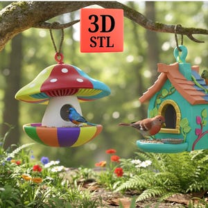 May include: Two colorful bird feeders hanging from a tree branch. One is mushroom-shaped with a blue bird, the other is a house-shaped feeder with a red-breasted bird. The feeders are surrounded by a lush garden.