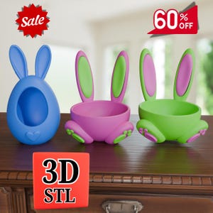 May include: Three colorful bunny-shaped planters. One is blue, egg-shaped with a heart. The other two are pink and green with bunny ears and feet. The image also includes a red "Sale" tag and a "60% OFF" tag.