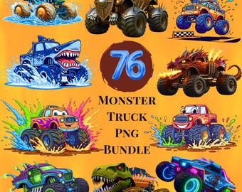 Paquete de imágenes PNG de Monster Truck, imágenes prediseñadas de camiones para sublimación, diseño de camisetas de cumpleaños para niños (descarga digital)