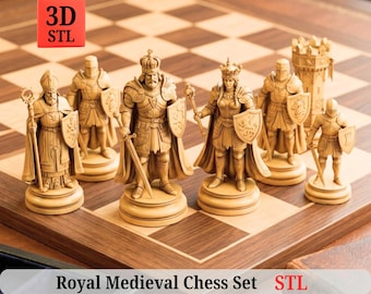 May include: A Royal Medieval chess set with intricately detailed pieces. The chess pieces are light brown and depict medieval figures, including a king, queen, knights, and a bishop. The chess board is a dark brown and light brown checkered pattern. The text "Royal Medieval Chess Set STL" is displayed.