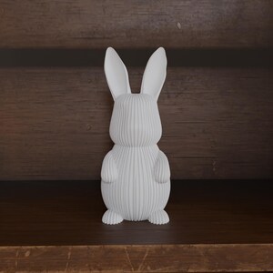 May include: A white, textured ceramic bunny figurine with long ears and a rounded body. The bunny is standing on a dark brown wooden shelf, set against a backdrop of wooden planks. The figurine has vertical lines across its body.