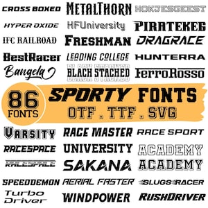May include: A graphic showcasing a collection of 86 sporty fonts in various styles. The fonts are displayed in black, with some featuring white outlines, against a white background. The image includes the text "SPORTY FONTS" and file type indicators.