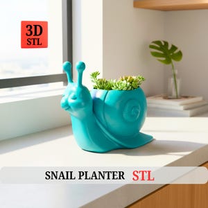 May include: A teal snail-shaped planter with a spiral shell design, filled with small green succulents. The planter has a smiling face and two antennae. The text "SNAIL PLANTER STL" is displayed below the planter.