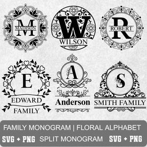 Könnte beinhalten: Schwarz-weiße Familienmonogramm-Designs mit floralen Alphabetbuchstaben und Namen. Die Designs umfassen die Buchstaben M, W, R, E, A und S mit den Namen Madison, Wilson, Robert, Edward, Anderson und Smith Family.