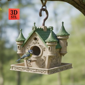 May include: A detailed birdhouse in a castle design, with green turrets and a green roof. A small blue and yellow bird is perched near the entrance. The birdhouse is suspended from a metal hook. The text "3D STL" is in a red square.