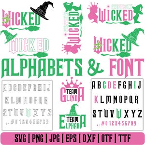 Pode incluir: Um design digital com as palavras "WICKED" e "ALPHABETS & FONT" em verde e rosa. O design inclui chapéus de bruxa, vassouras e conjuntos de alfabetos. Os formatos de arquivo incluem SVG, PNG, JPG, EPS, DXF, OTF e TTF.