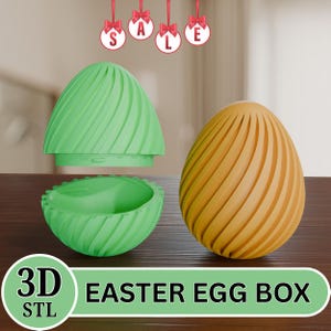 Pode incluir: Uma caixa de ovos de Páscoa impressa em 3D em verde e amarelo. O ovo verde está aberto, mostrando a metade inferior e a parte superior. O ovo amarelo está fechado. O texto "3D STL EASTER EGG BOX" é exibido na parte inferior.