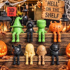 Może przedstawiać: Zestaw ośmiu ruchomych figurek o tematyce Halloween, w tym zielona czarownica, czarna postać w kapturze, zielony potwór, pomarańczowa dynia, czarny nietoperz, beżowy duch, mumia oraz czarny wampir, wszystkie z wiszącymi nogami i gładką powierzchnią.