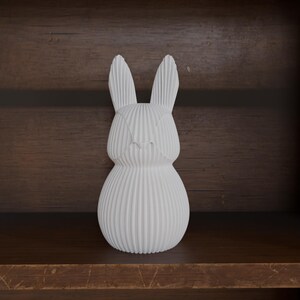 May include: A white ceramic bunny figurine with vertical ribbed detailing. The bunny has long ears and a rounded body. The figurine is displayed on a wooden shelf against a dark wood background.