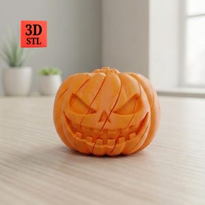 May include: An orange 3D printed pumpkin figurine with a carved, menacing jack-o'-lantern face featuring sharp, angular eyes and a wide, toothy grin. The object has a textured surface with visible horizontal layers from the printing process.