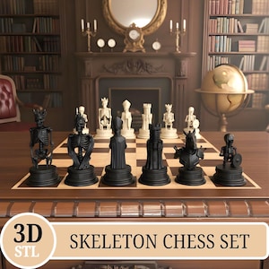 May include: A unique skeleton chess set with black and white pieces on a wooden board. The chess pieces are designed as skeletons. The image includes the text "3D STL SKELETON CHESS SET".