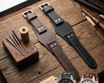 Genuine Leather 22mm Bund Watch Strap, Vintage Cowhide Retro Replacement Belt