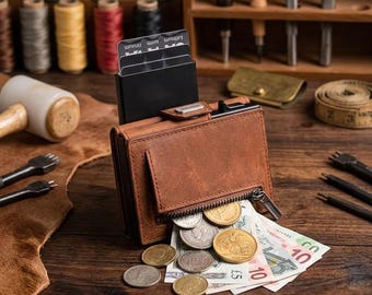 Handgjord läderplånbok med RFID - minimalistisk korthållare med myntväska och kontantfack - smal popup-kreditkortsplånbok för män - present till marskalk