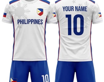 Aangepaste set Filipijns voetbaltenue, gepersonaliseerd shirt en shorts voor fans