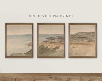 Vintage Coastal Watercolor Art Set of 3 | Seaside Cliffs Landscape Painting | Neutral Antique Art Digital Download