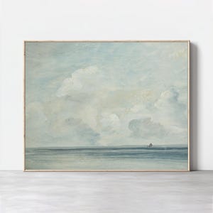 May include: A watercolor painting of a seascape with a single sailboat in the distance. The sky is a light blue with fluffy white clouds. The water is a deep blue.