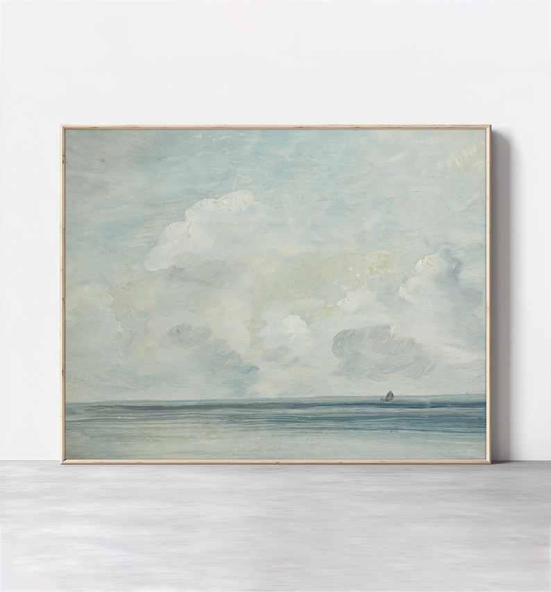 May include: A watercolor painting of a seascape with a single sailboat in the distance. The sky is a light blue with fluffy white clouds. The water is a deep blue.