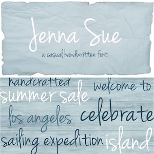 May include: A light blue background with the words "Jenna Sue" in a casual handwritten font. Below, the text reads "a casual handwritten font." Additional text includes "summer sale," "welcome to," "Los Angeles," and "celebrate."