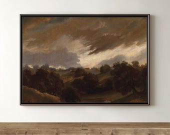Vintage Moody Landscape Painting | Scenic Hillside and Stormy Sky Art | Printable Antique Wall Art