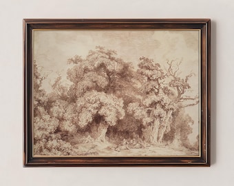 dessin vintage d'arbres sépia | Croquis de paysage forestier | Illustration d'arbres antiques Art imprimable en téléchargement numérique