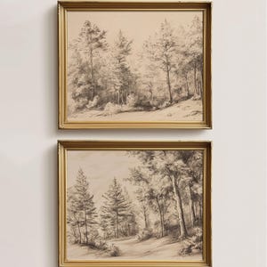 Trees in Forest Sketch Set of 2 Printable Art | Neutral Vintage Landscape Drawing | Muted Trees Illustration Digital Download