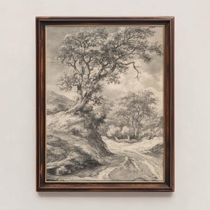 Oak Tree Sketch Printable Art | Antique Landscape Art Illustration | Vintage Wall Art Digital Download