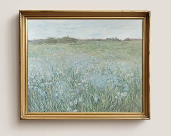 Spring Meadow Painting Wall Art | Vintage Wildflower Landscape Art | Antique Blue and White Flower Field Printable Art