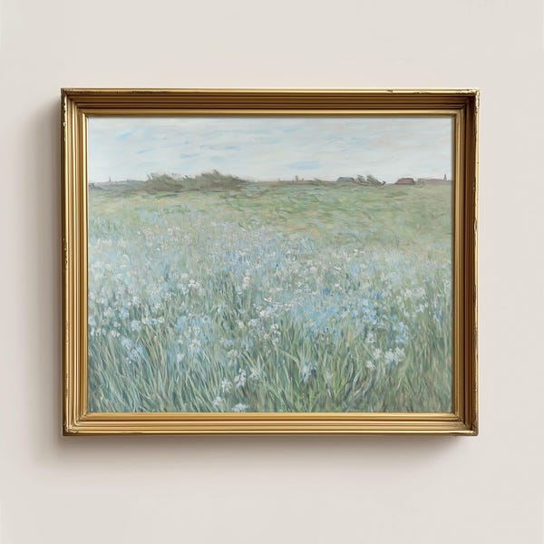 Frühling Wiese Gemälde Wand Kunst | Vintage Wildblumen Landschaft Kunst | Antikes blaues und weißes Blumenfeld druckbare Kunst