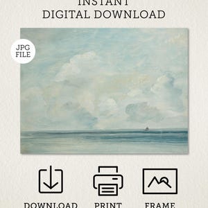 May include: A digital download of a painting depicting a seascape with a light blue sky and white clouds. The sea is a dark blue with a small sailboat in the distance.
