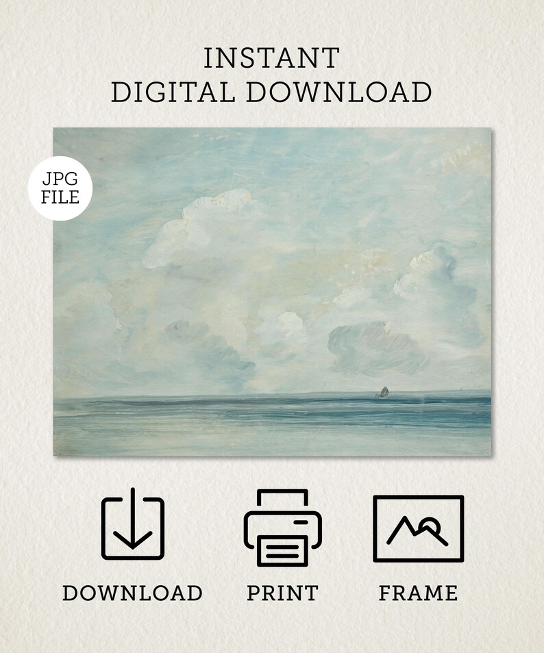 May include: A digital download of a painting depicting a seascape with a light blue sky and white clouds. The sea is a dark blue with a small sailboat in the distance.
