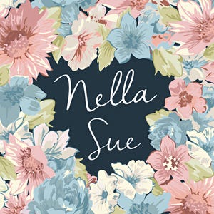 May include: Floral design with a dark blue background. The image features a circular arrangement of pink, blue, and white flowers. The words "Nella Sue" are written in white cursive script in the center.