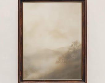 Misty Mountain Landscape Art | Moody Muted Printable Wall Art | Fog and Mountain Scenery | Neutral Sepia Abstract Art Print