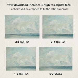 May include: Four different aspect ratios of a digital painting of a seascape with a cloudy sky and a small sailboat in the distance. The ratios are 2:3, 3:4, 4:5, and ISO sizes.