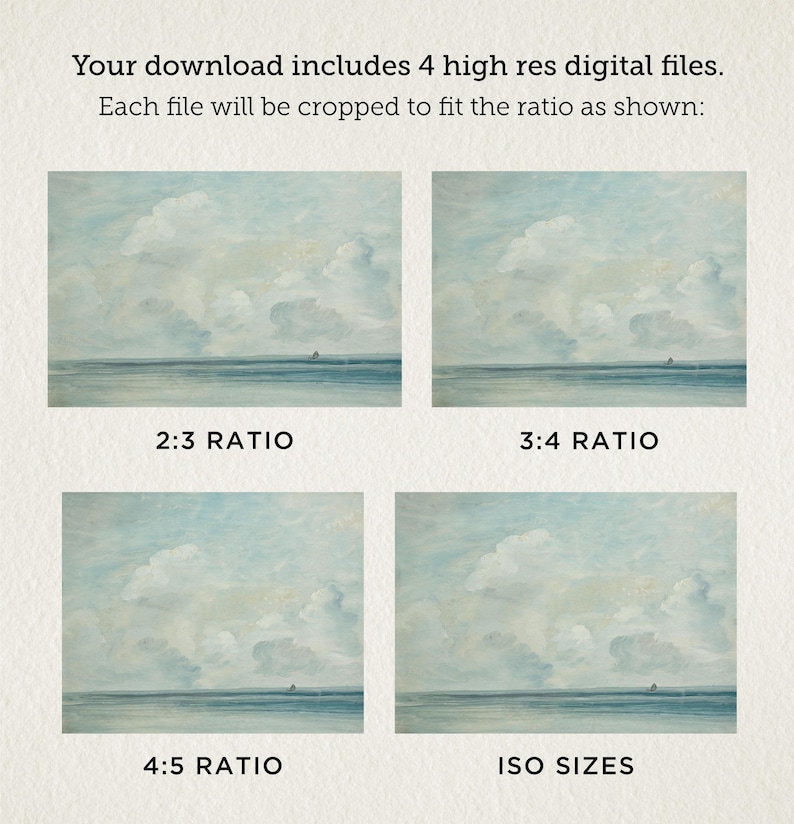 May include: Four different aspect ratios of a digital painting of a seascape with a cloudy sky and a small sailboat in the distance. The ratios are 2:3, 3:4, 4:5, and ISO sizes.
