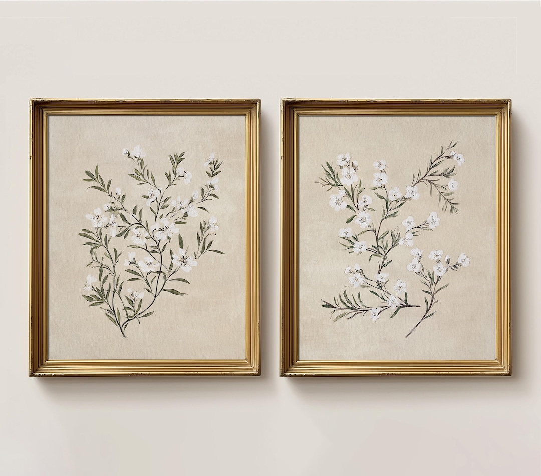 Botanical Art Set of 2 | White Floral Print | Neutral Floral Wall Art ...