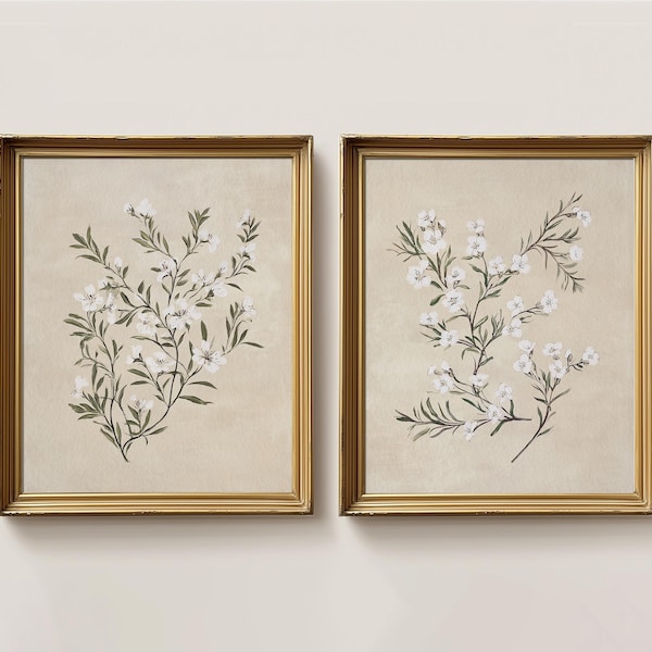 Botanical Art Set of 2 | White Floral Print | Neutral Floral Wall Art | Vintage Nursery Printable Art