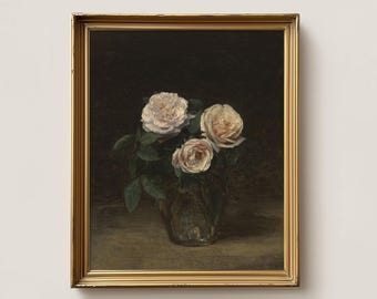 Vintage Rose Still Life Painting | Dark Floral Wall Art | Printable Flowers in Vase Antique Art