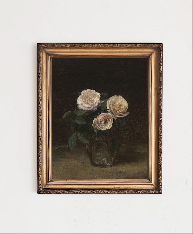 Vintage Rose Still Life Painting | Dark Floral Wall Art | Printable ...