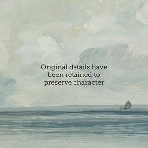 May include: A painting of a seascape with a light blue sky and a dark blue ocean. The sky has white clouds and the ocean has a few waves. The text "Original details have been retained to preserve character" is written in black text on the painting.