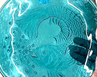 Embossed Art Glass Koi Fish plate in deep aqua